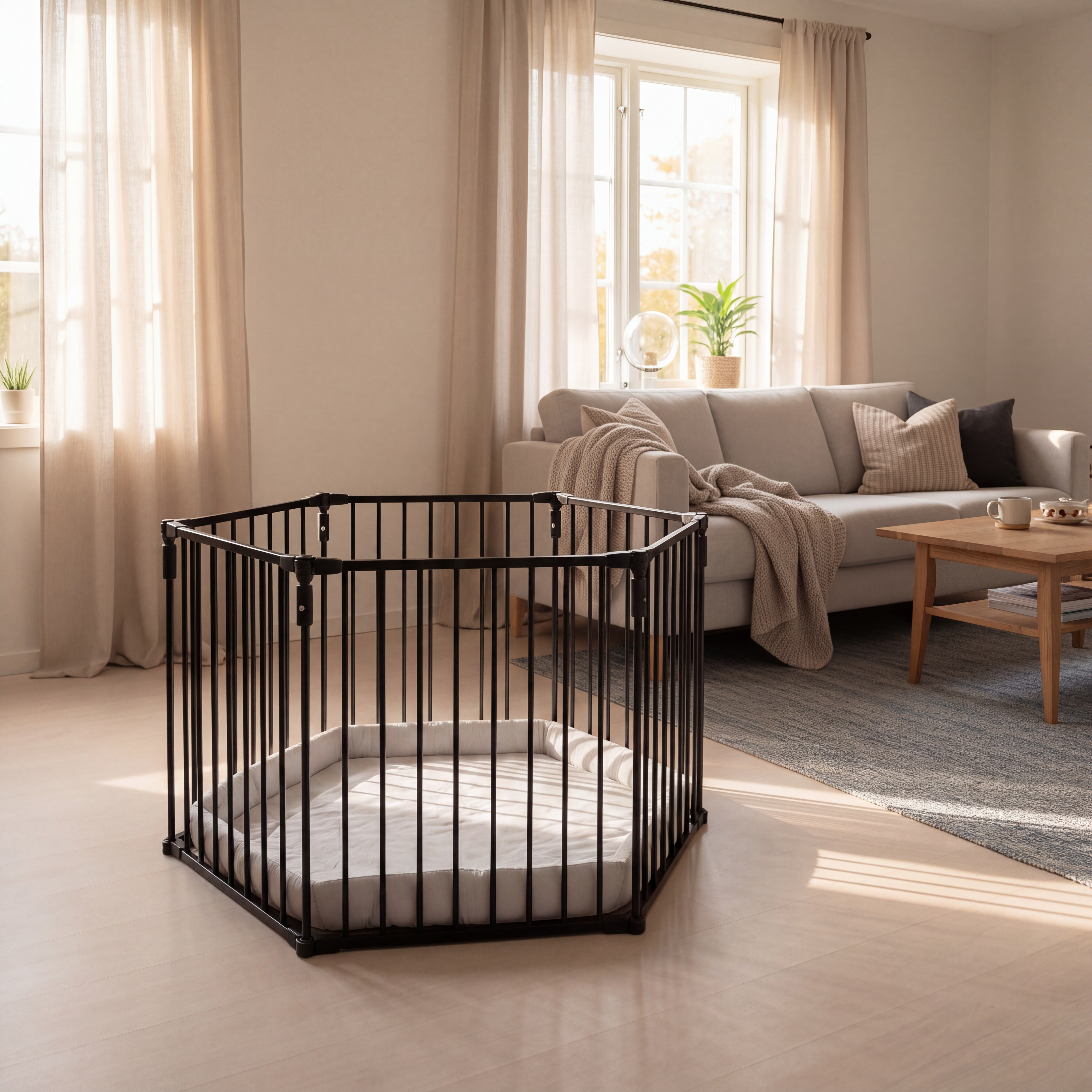En baby sitter i en svart sekskantet babygrind med lys grå matte og holder en fargerik stableleke.