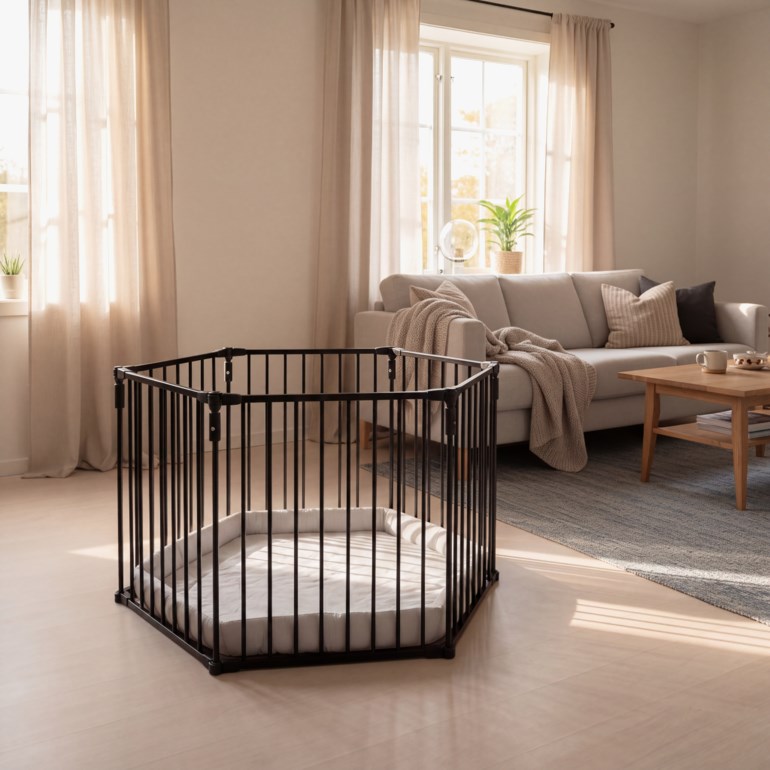 En baby sitter i en svart sekskantet babygrind med lys grå matte og holder en fargerik stableleke.