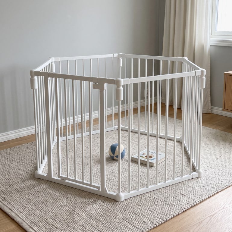 Hvit sekskantet lekegrind på et teppe, med en blåhvit ball og en bok inni.