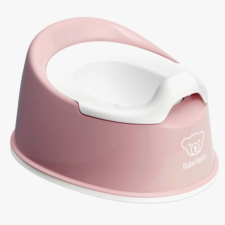 Rosa potte med hvitt avtagbart sete og hvit kant nederst, vinklet forfra.