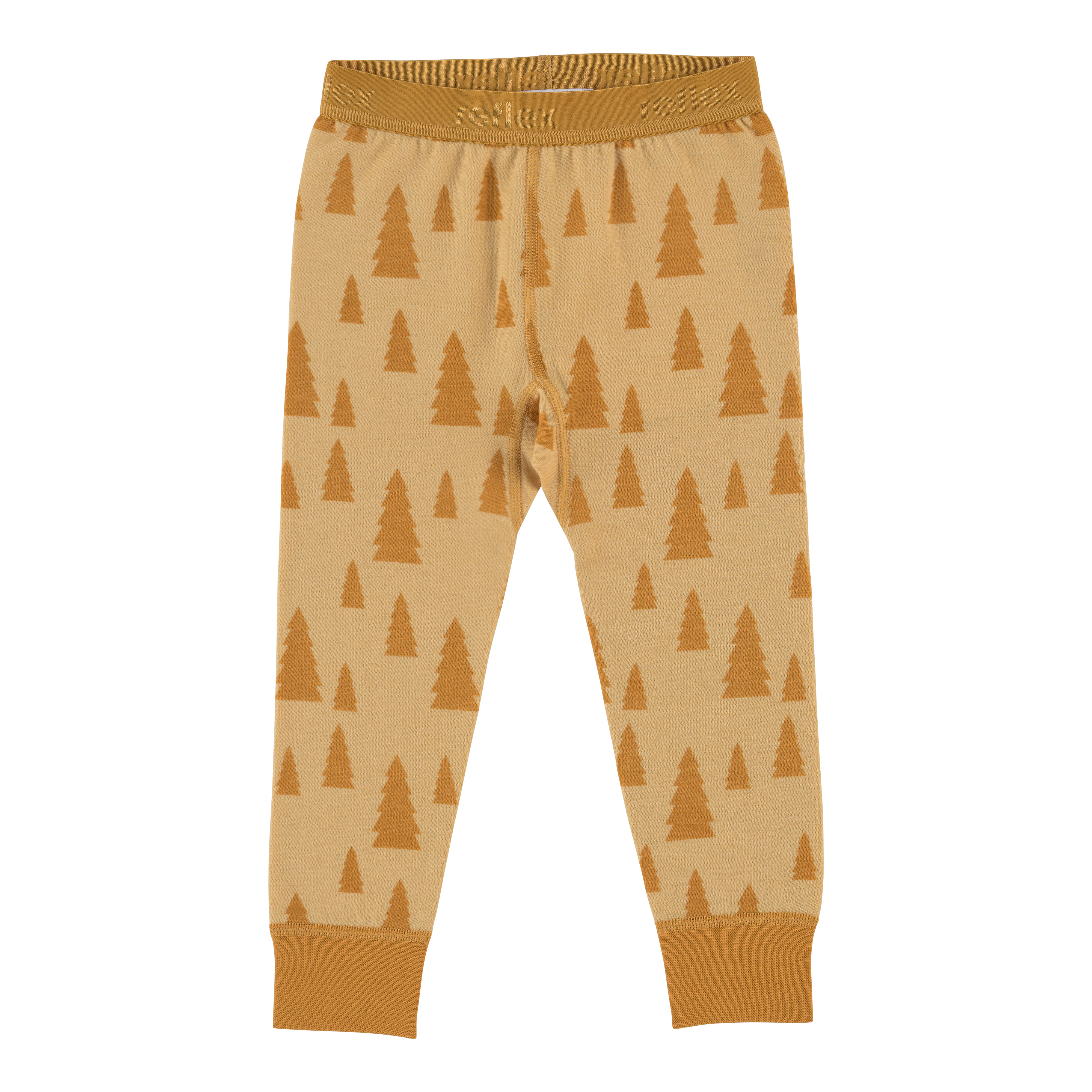 Barnas lysebrune leggings med mørkebrunt furumønster og elastisk 'reflex'-linning.