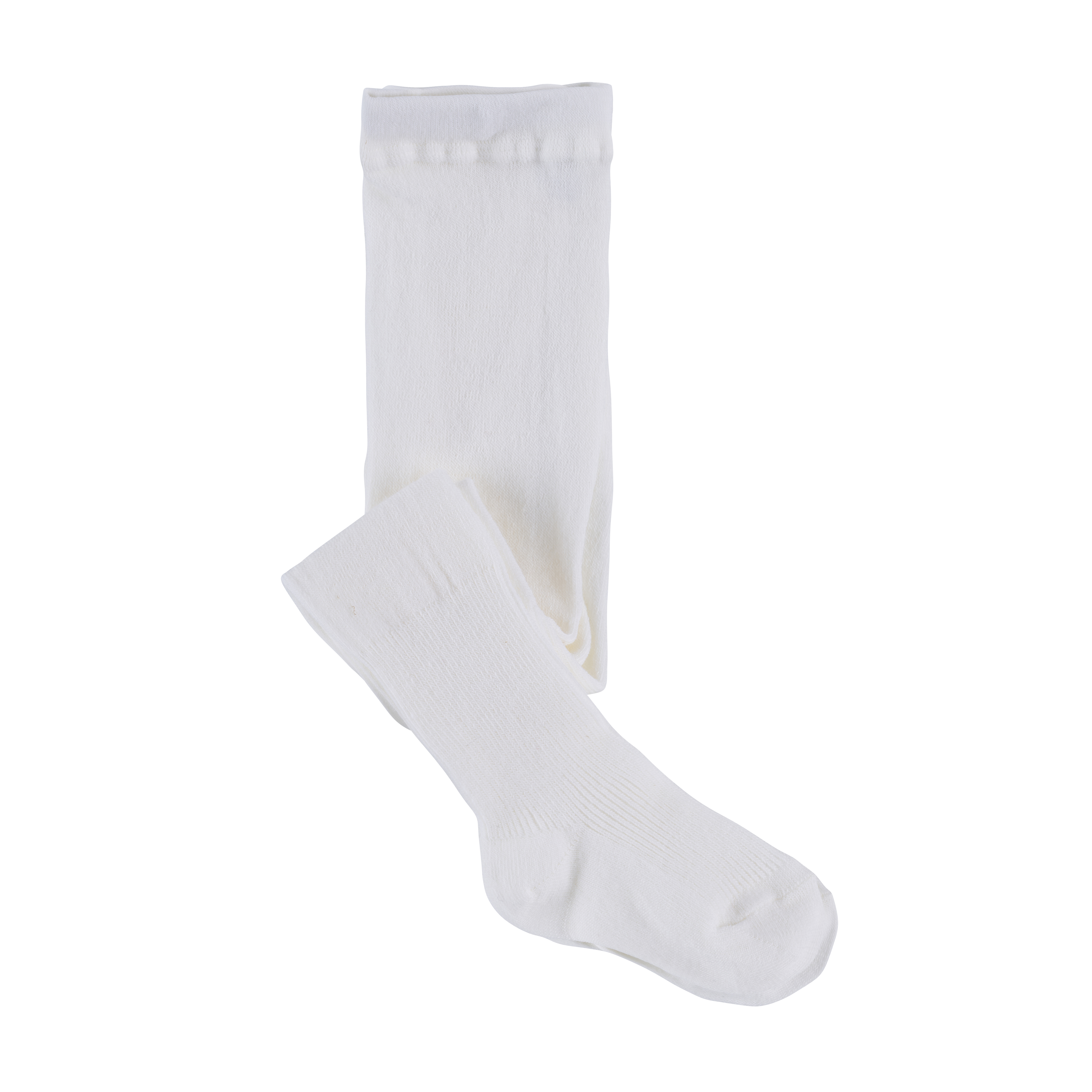 Et par hvite strikkede babystrømpebukser med glatt kropp, ribbestrikkede føtter og elastisk midje.
