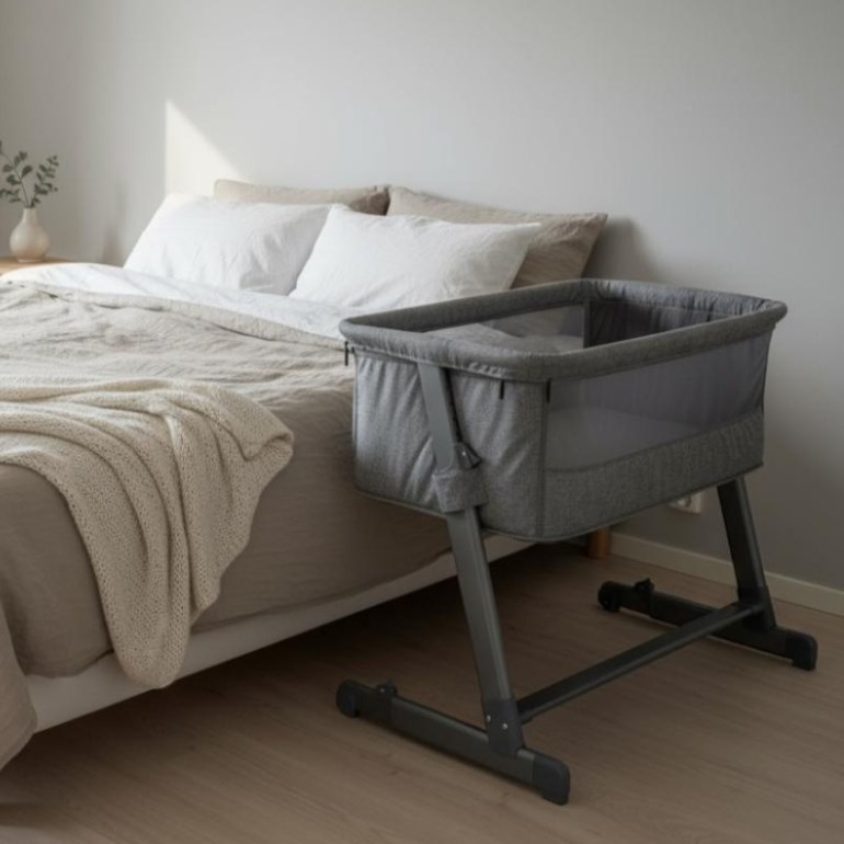 Grå baby bedside-vugge med netting side og mørk ramme ved siden av en seng med beige sengetøy og hvite puter.