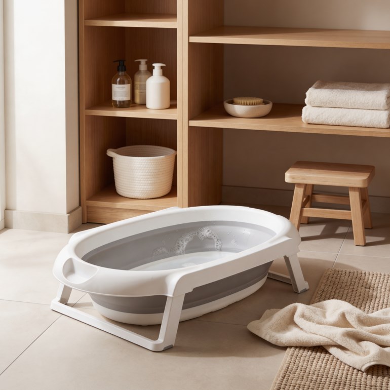 Et hvitt og grått sammenleggbart babybadekar med vann, to hvite håndklær, en vevd kurv og en trepall.