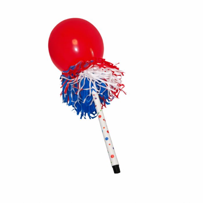 En rød ballong på en hvit pinne med røde, hvite og blå frynser.