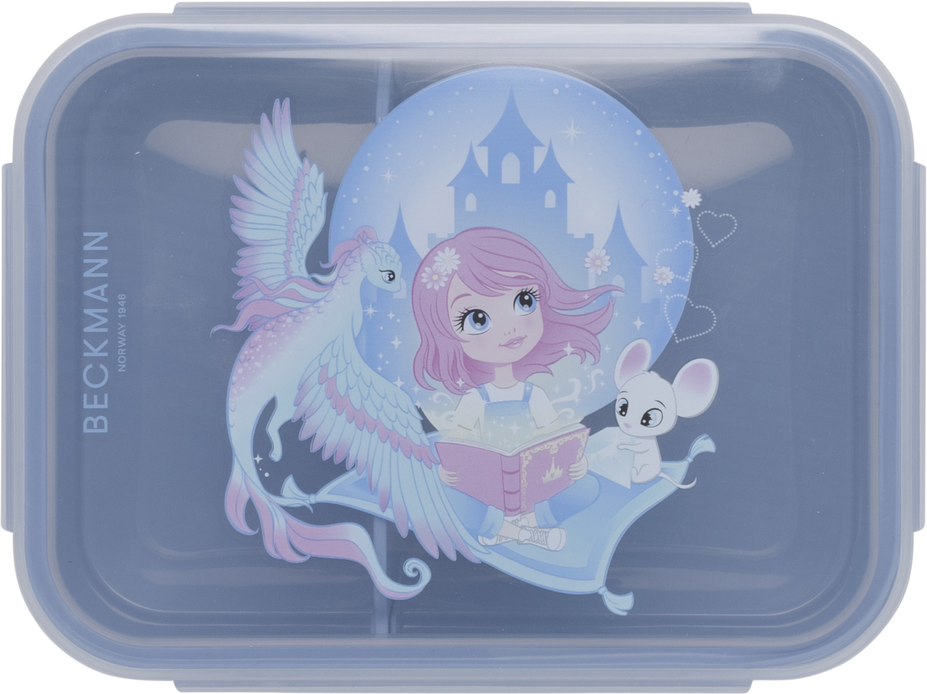 Blå rektangulær matboks med klart lokk, med tegneseriedesign av jente, bevinget hest og mus.