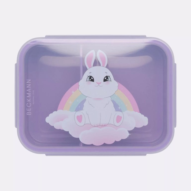 Rektangulær lilla plastmatboks med gjennomsiktig lokk og grafikk av kanin, regnbue og skyer.