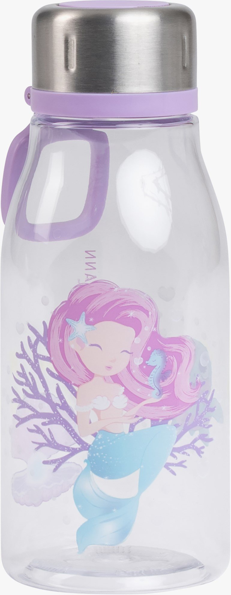 Klar vannflaske i plast med lokk i sølvmetall og lilla detaljer, med motiv av en rosa-håret havfrue.