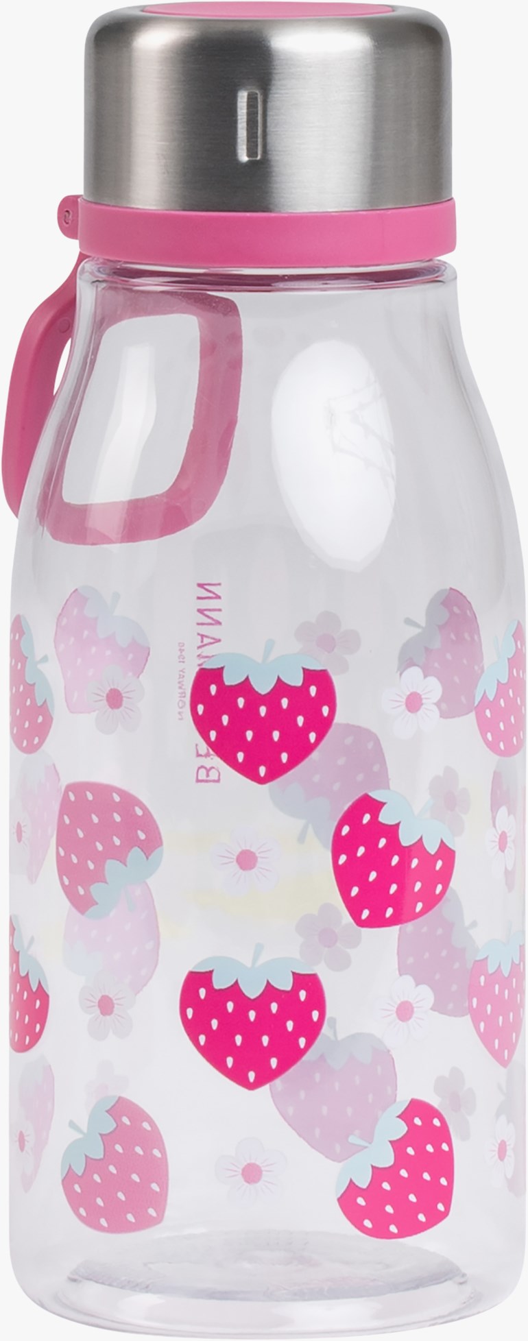 Klar plastvannflaske med sølvmetallokk, rosa detaljer og et mønster av rosa jordbær.