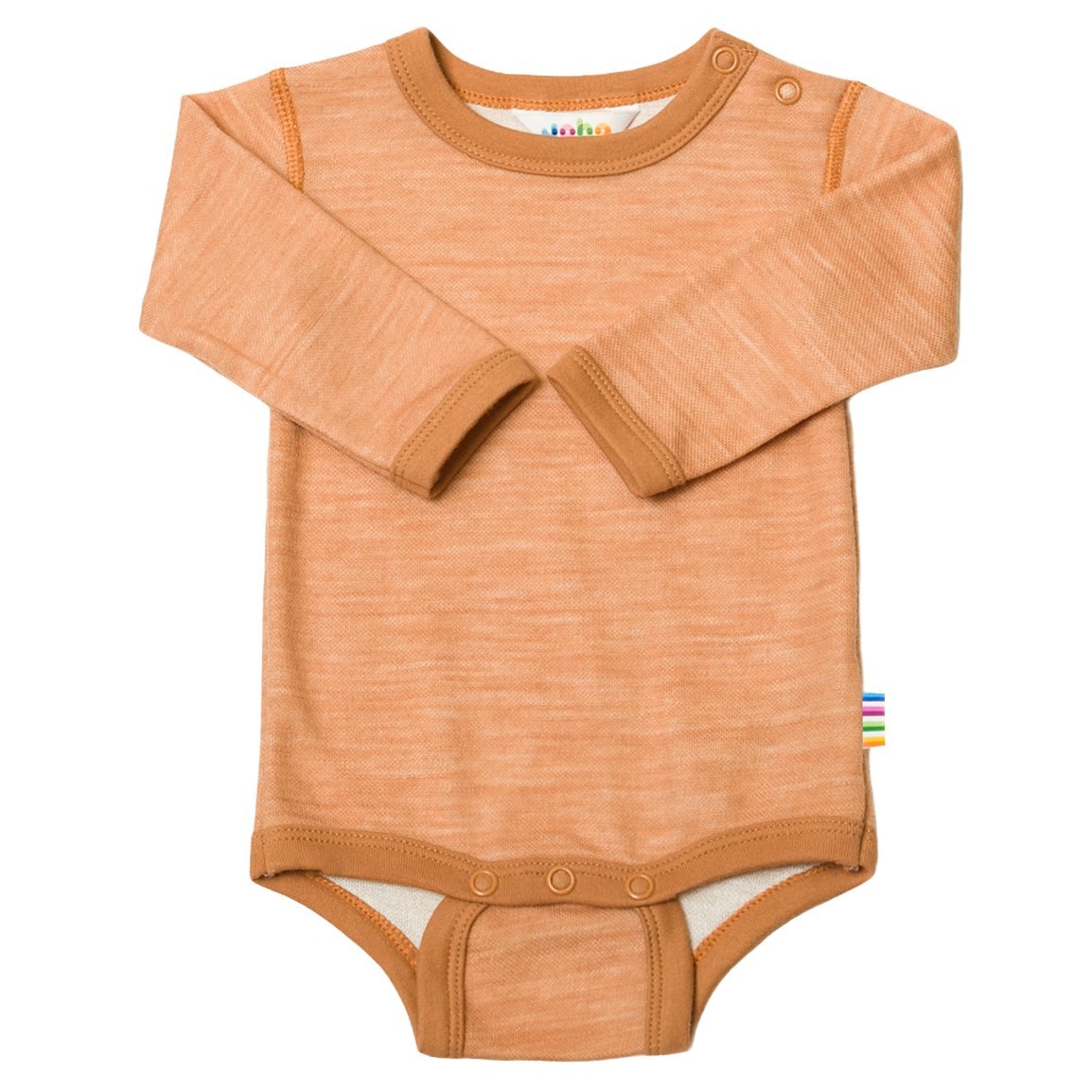 Oransje melert langermet babybody med trykknapper ved skulder og skritt.