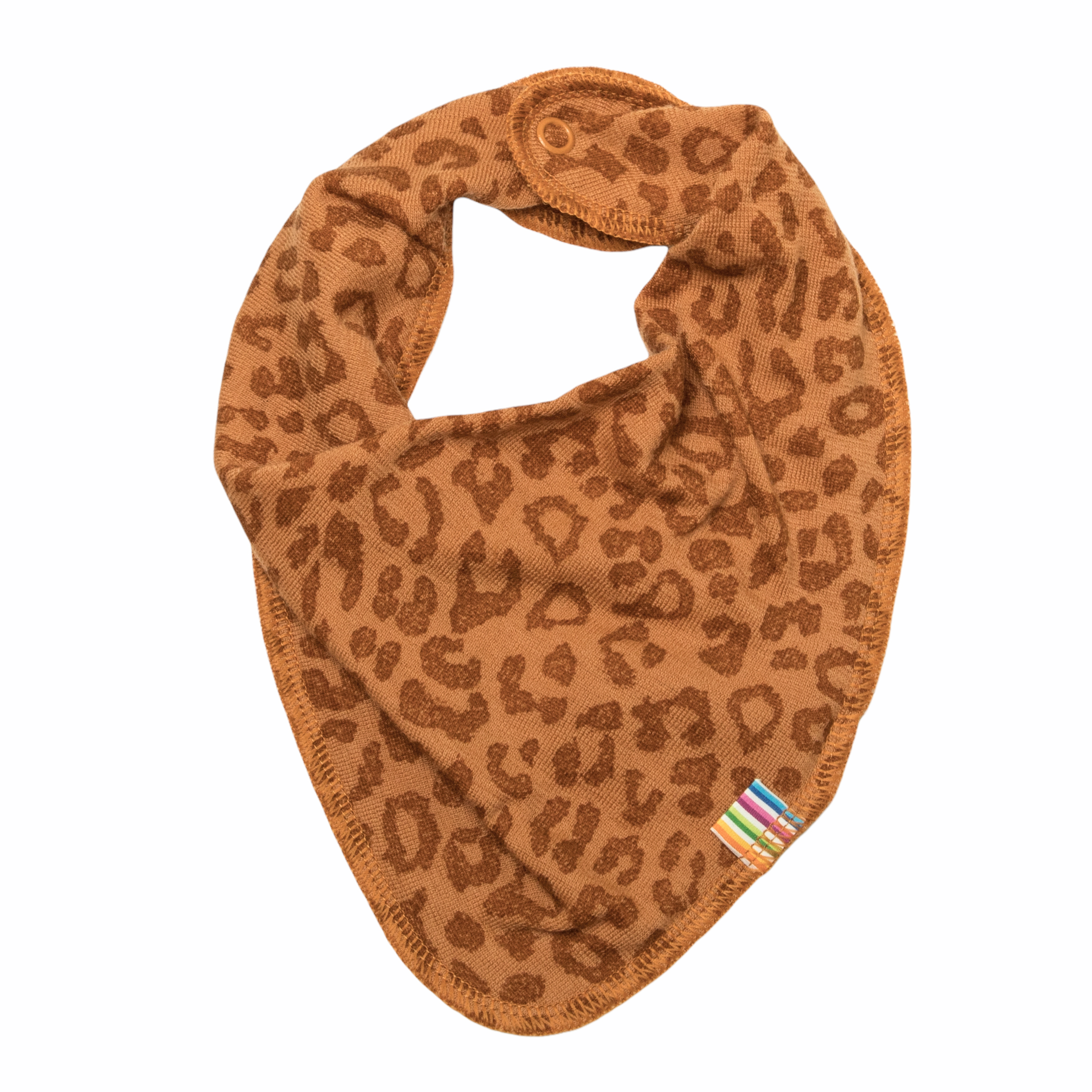 Brun leopardmønstret baby smekke med trykknapp.