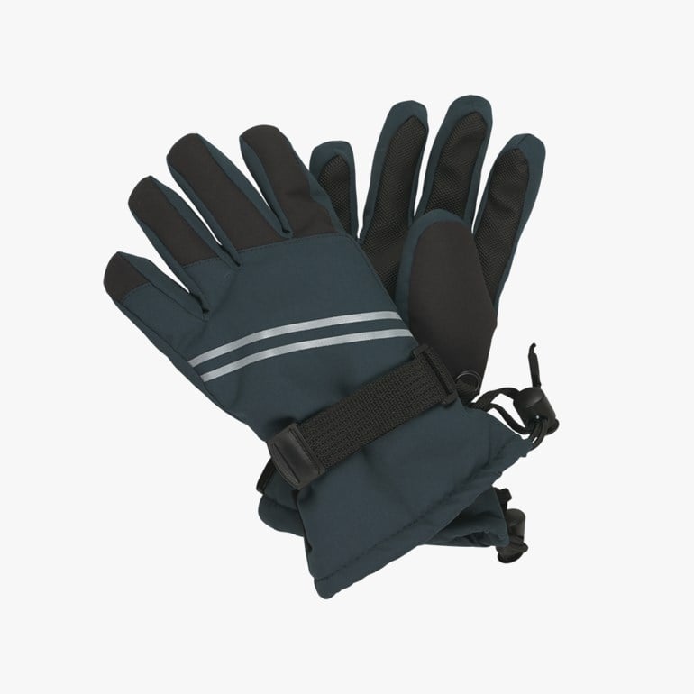 Et par mørkegrå hansker med svarte håndflater, refleksstriper, justerbar håndleddsrem og snøring.