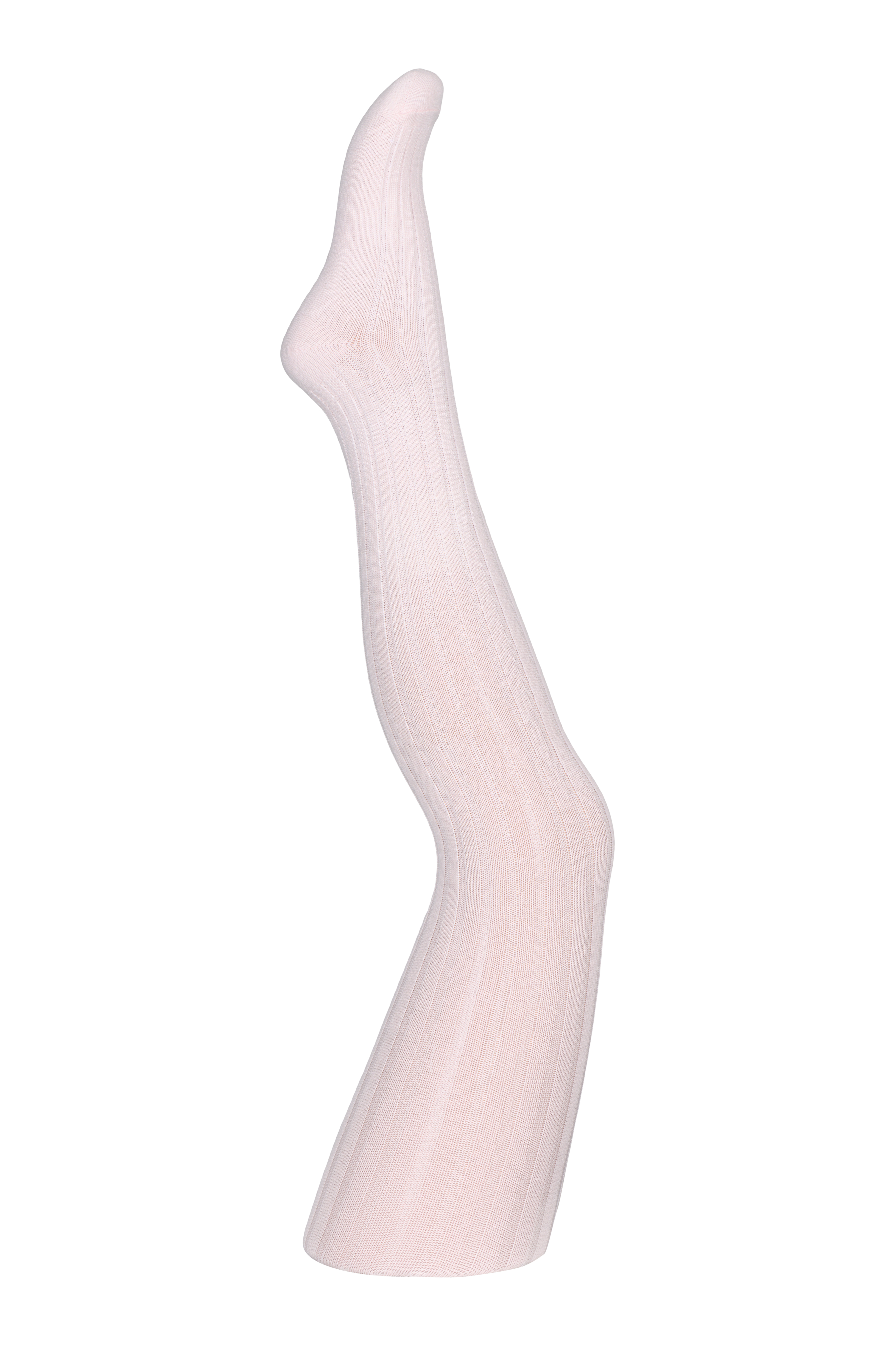 Lys rosa ribbestrikkede strømpebukser, vist på et ben, sidevisning.