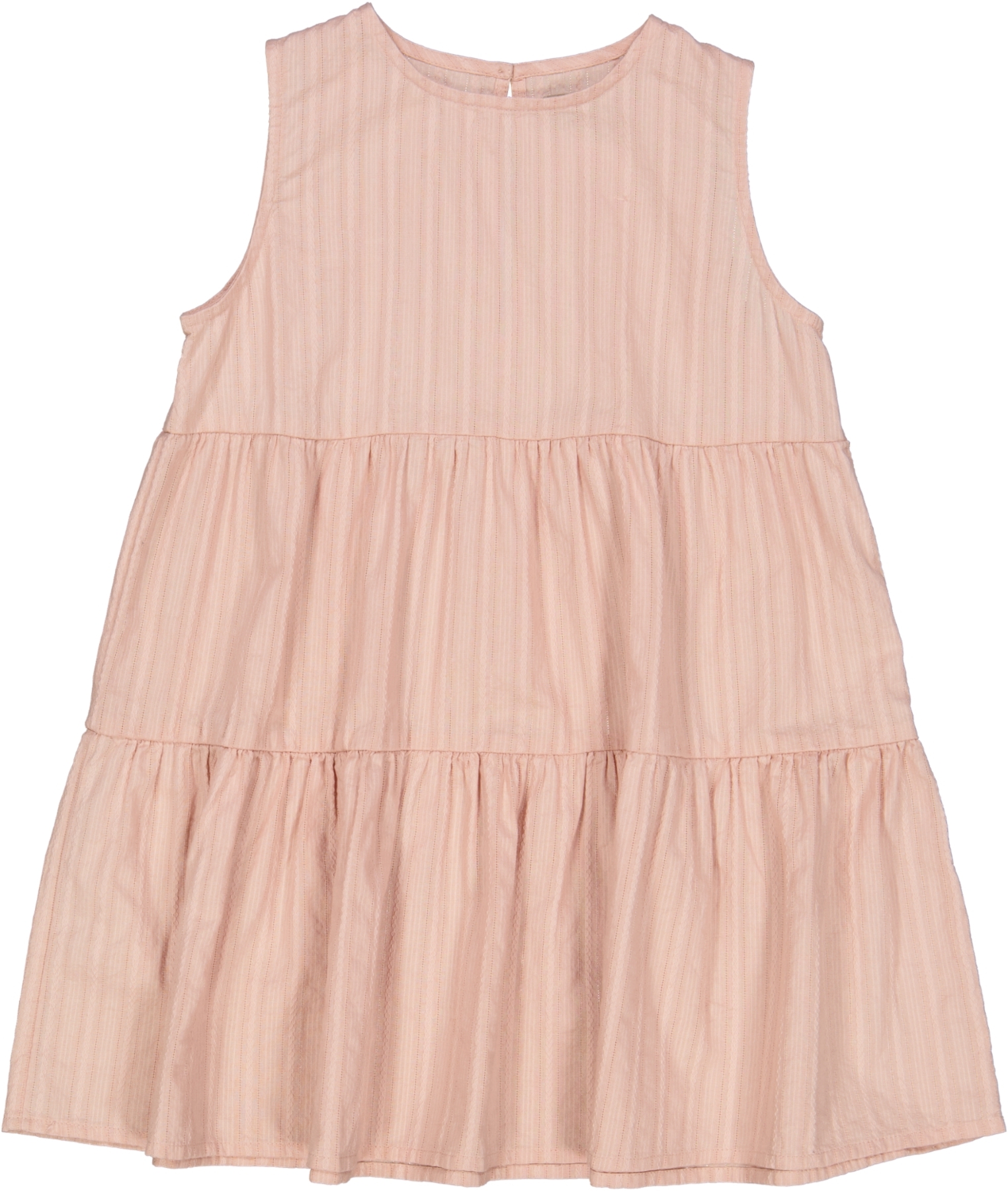 Lys rosa stripet ermeløs kjole med volanger, rund hals og knapp i nakken, forfra.