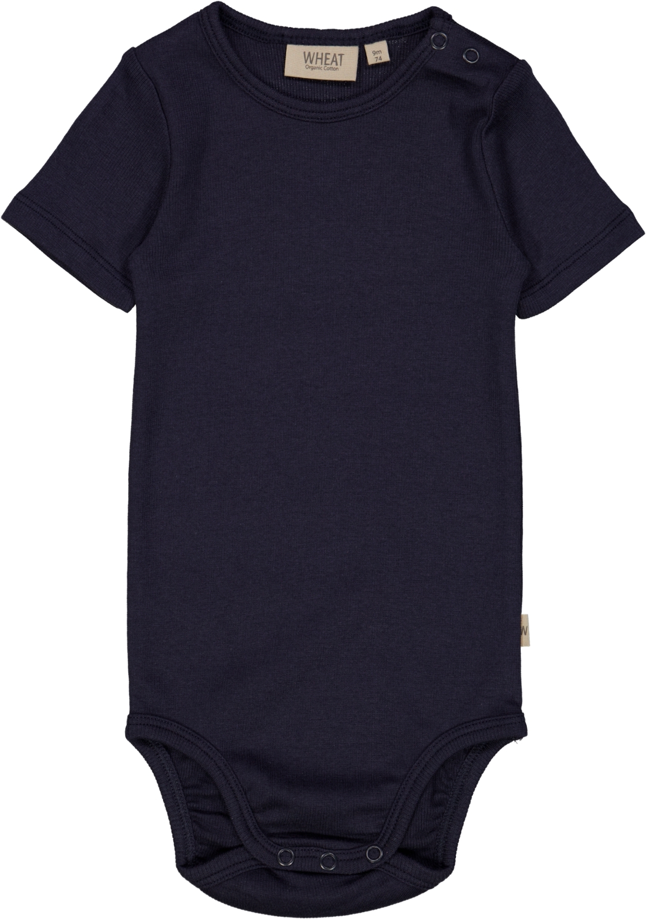 Mørkblå kortermet babybody med trykknapper på skulderen og i skrittet, sett forfra.