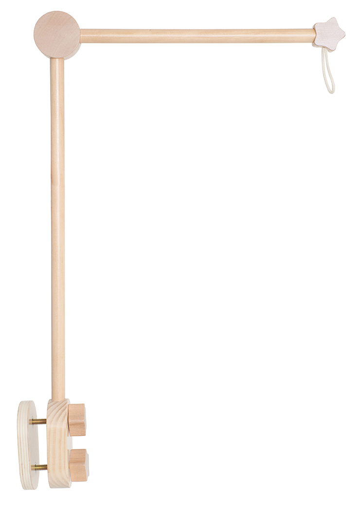 L-formet babymobilarm i lyst tre med stjerne, løkke og klemme for sprinkelseng.