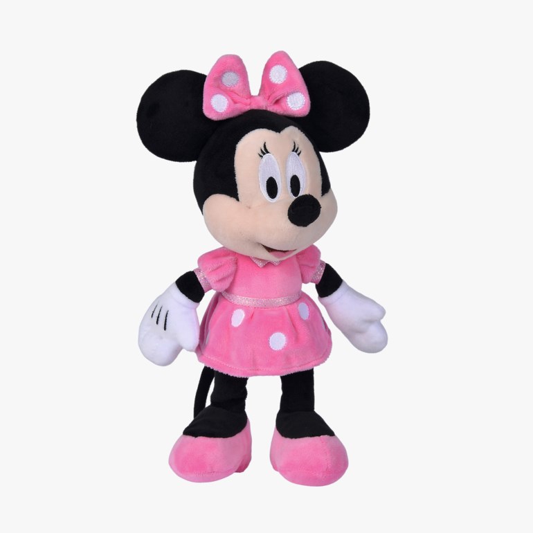 Rosa Minnie Mus kosedyr med rosa prikkete kjole, rosa sløyfe og rosa sko, forfra.