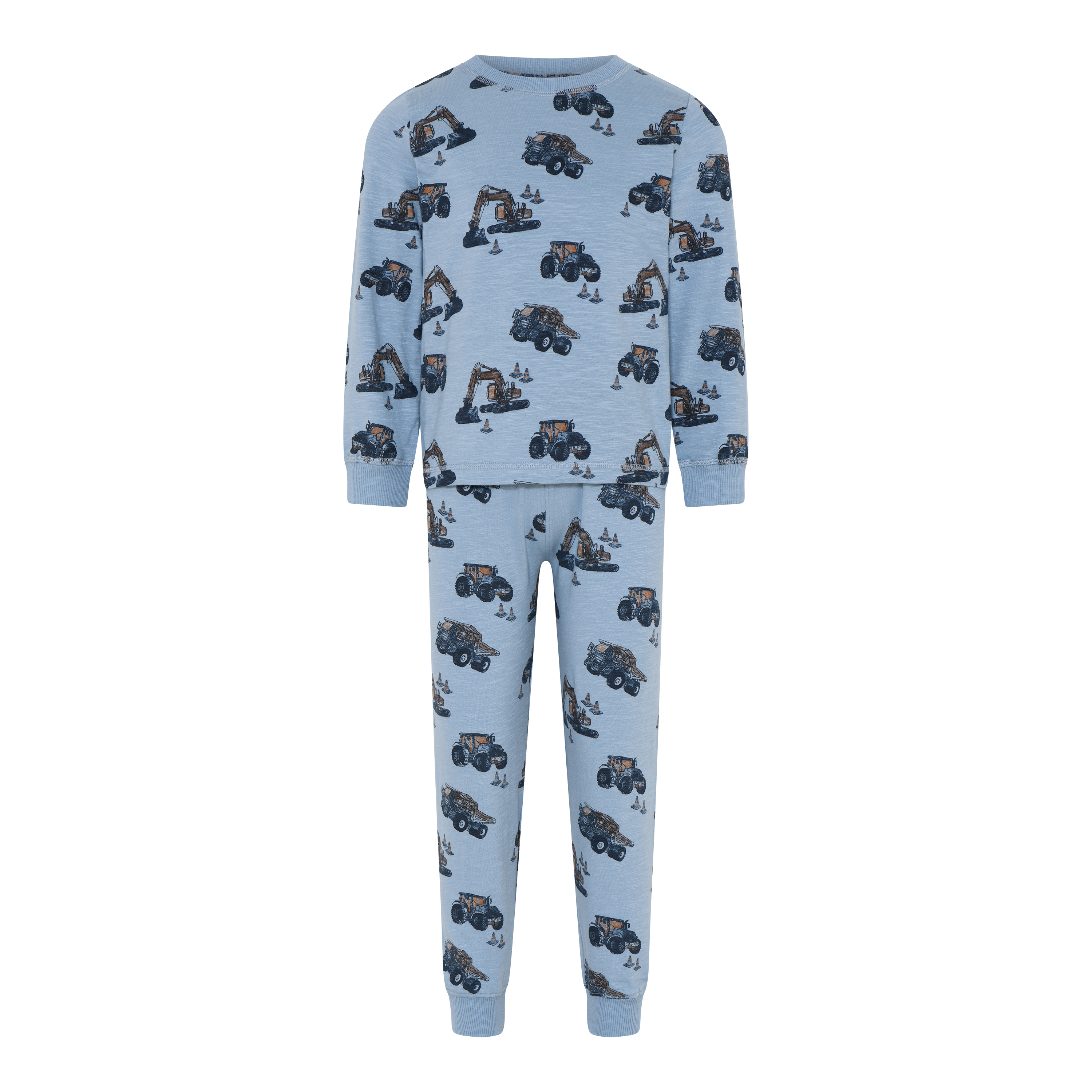 Lyseblå barnepysjamas med langermet topp og langbukser, med et anleggsbilmønster.
