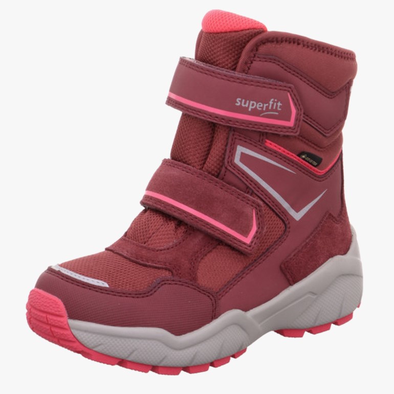 Barns rød og rosa vinterstøvel med to borrelåser, refleksdetaljer og grå såle.