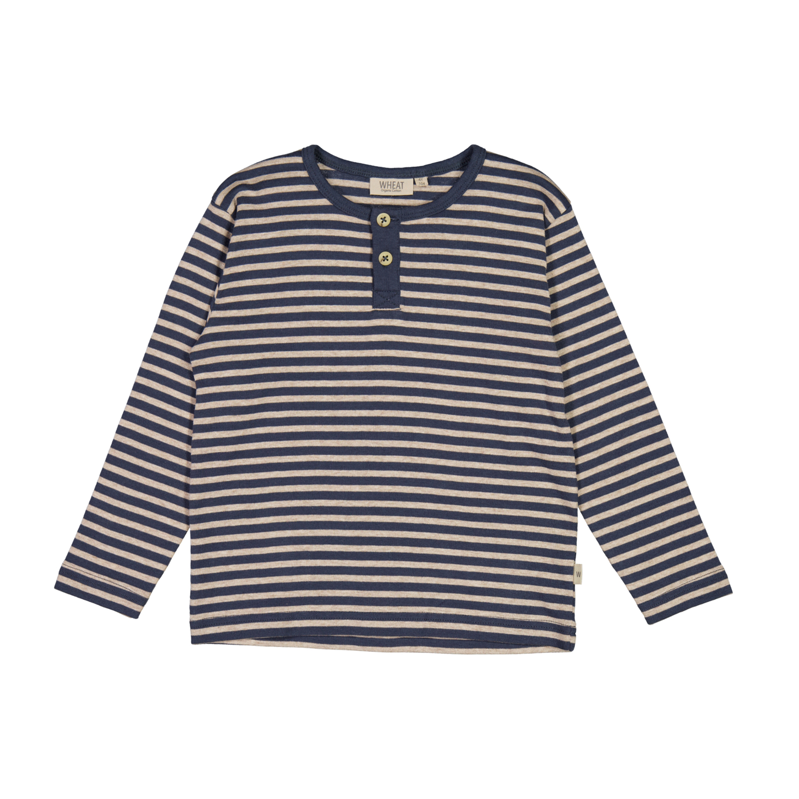 Barns marineblå og beige stripet langermet Henley-skjorte med to knapper, forfra.