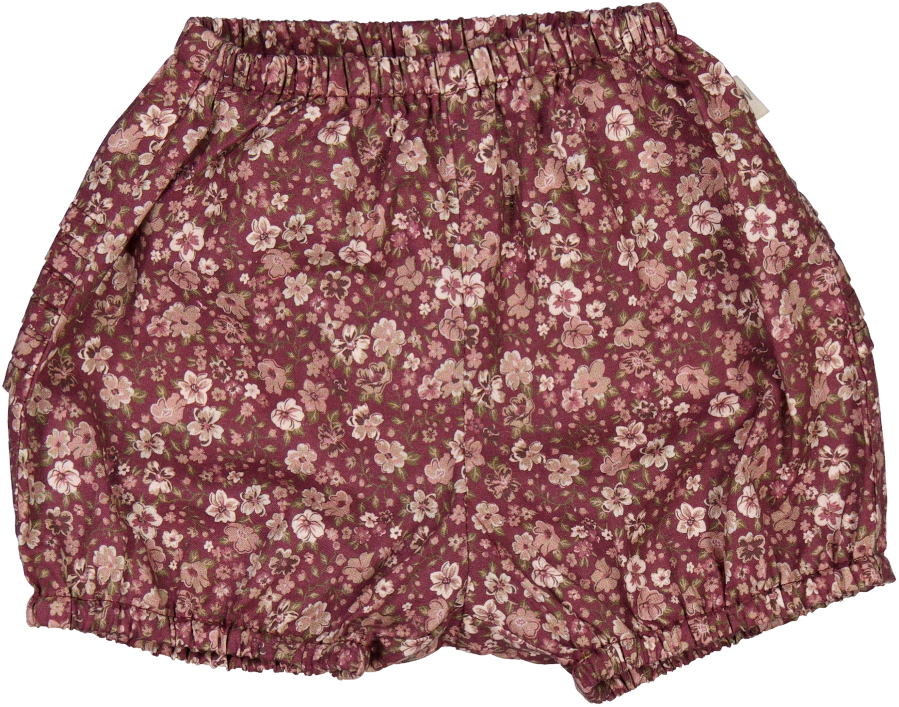 Baby mørkerøde shorts med blomstertrykk, elastisk midje og benåpninger, volanger på sidene, forfra.