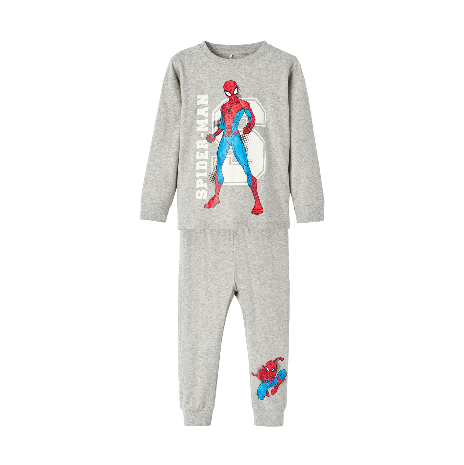 Barnes grå Spider-Man pysjamas sett med langermet topp med stor grafikk og matchende bukse med liten grafikk.