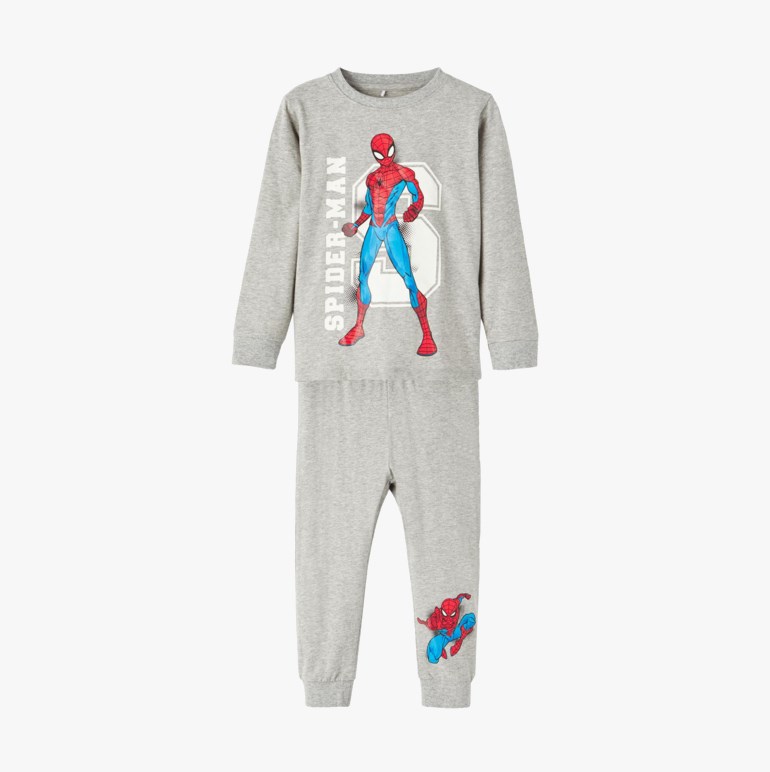 Barnes grå Spider-Man pysjamas sett med langermet topp med stor grafikk og matchende bukse med liten grafikk.