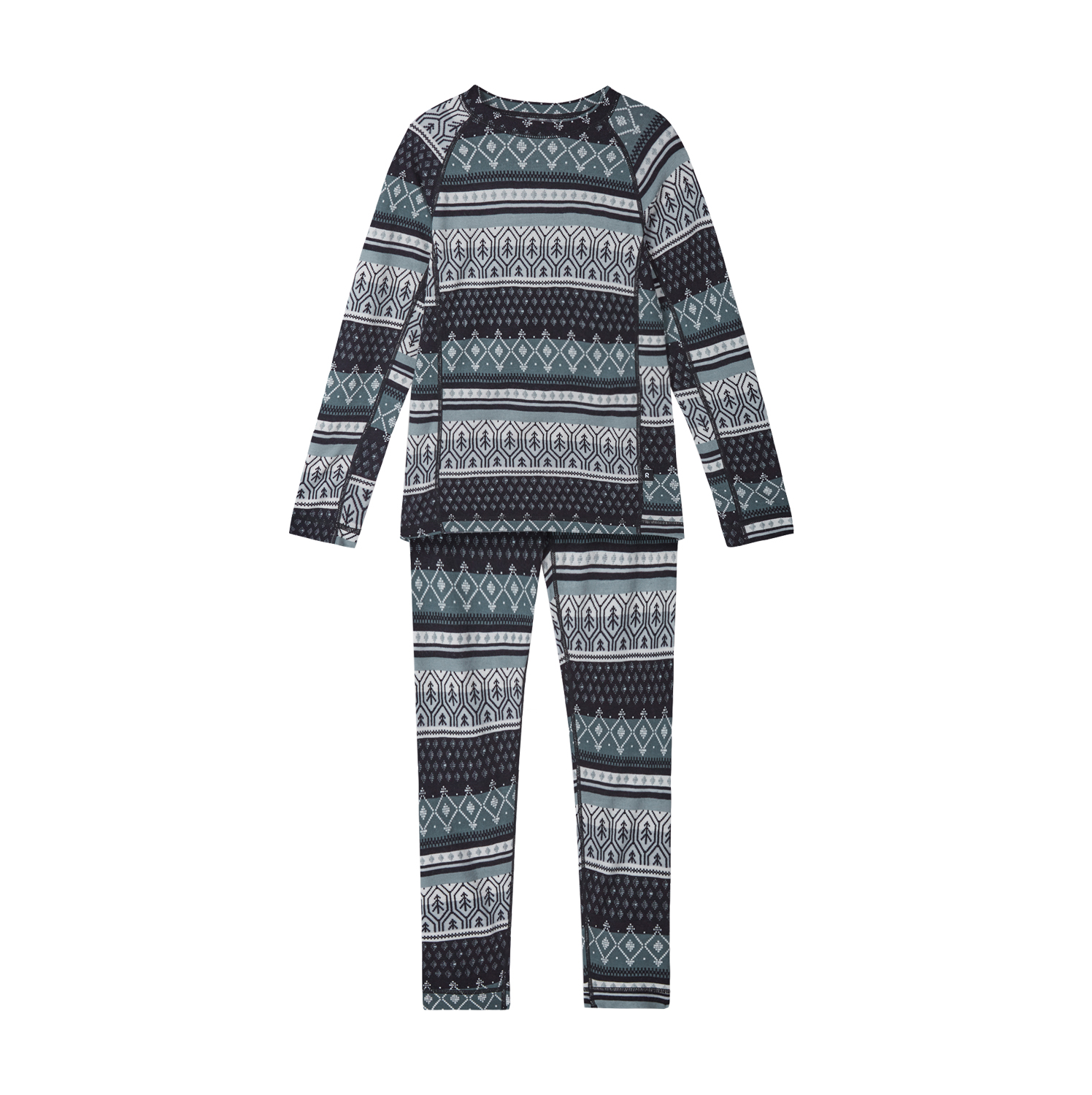 Todelt termisk sett med langermet topp og bukse med mørkegrå, turkis og hvite geometriske mønstre.