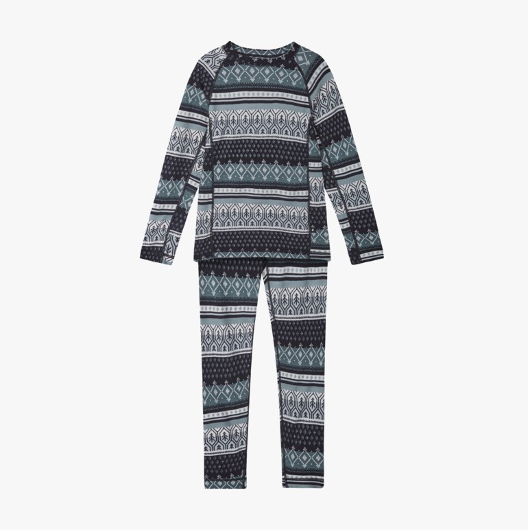 Todelt termisk sett med langermet topp og bukse med mørkegrå, turkis og hvite geometriske mønstre.
