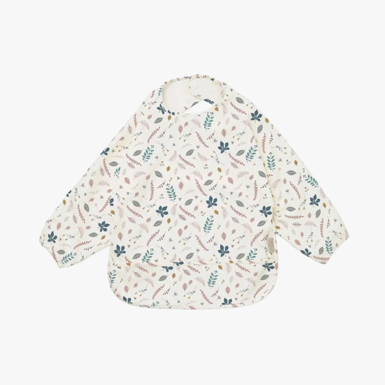 Baby smekke med lange ermer, lys bakgrunn og fargerikt blad mønster, forfra.