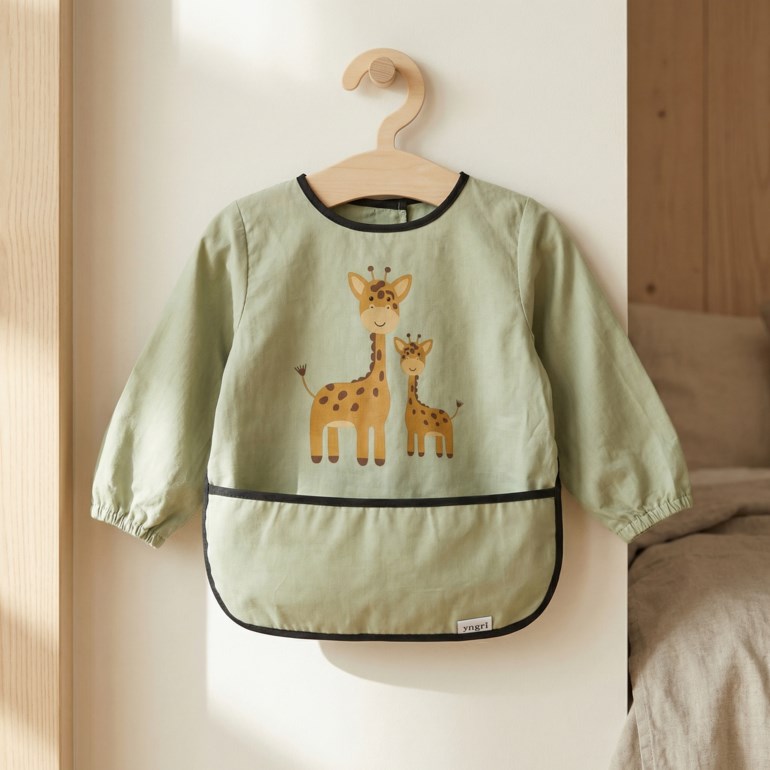 Grønn langermet babysmekke med girafftrykk, svarte kantbånd og en frontlomme.