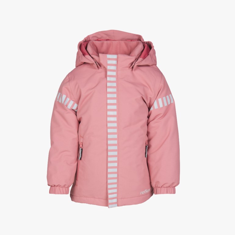 Front, en rosa barnevinterjakke med hette og refleksstriper på bryst og ermer.
