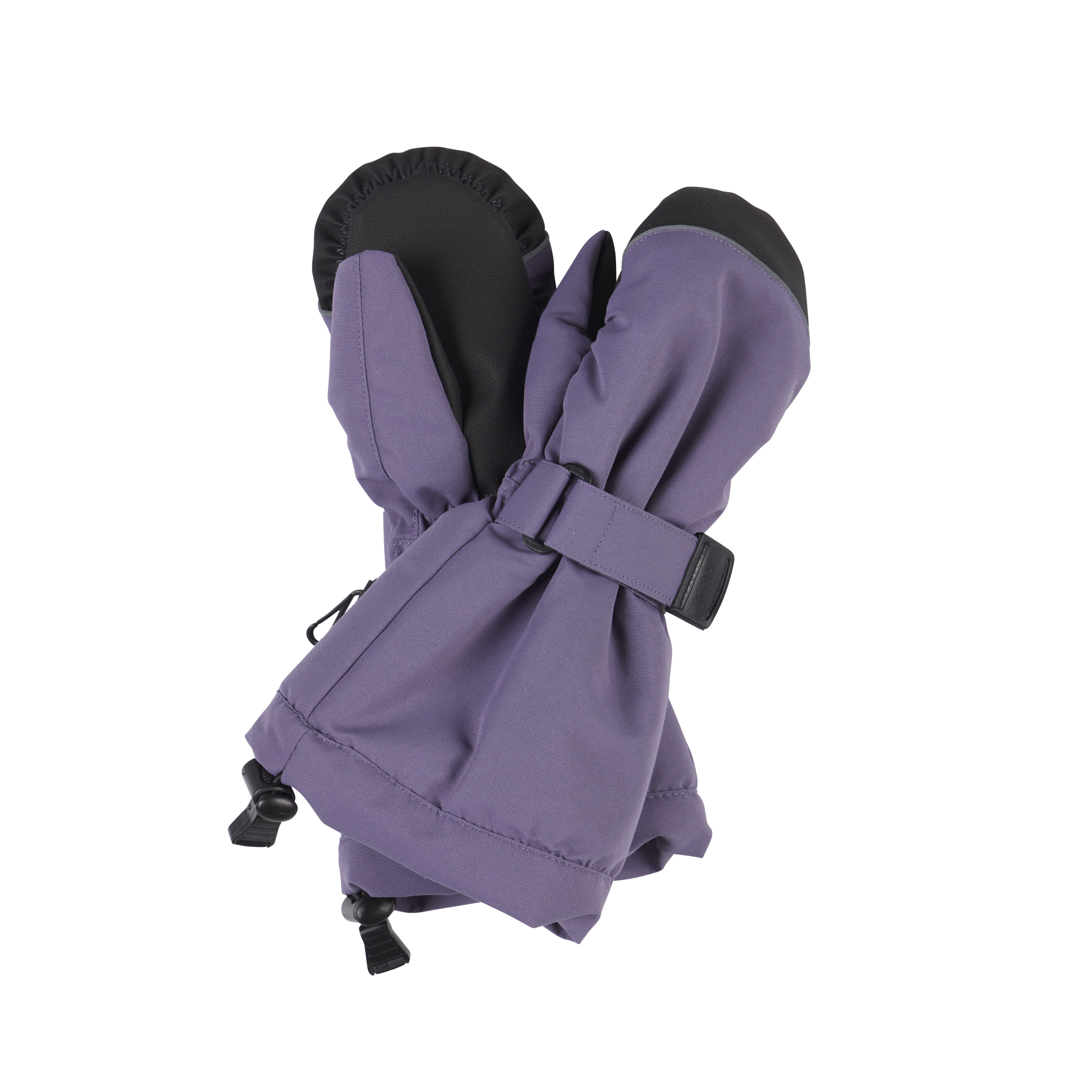 Et par lilla isolerte votter med svarte håndflater, justerbare håndleddsremmer og snøring i mansjettene.