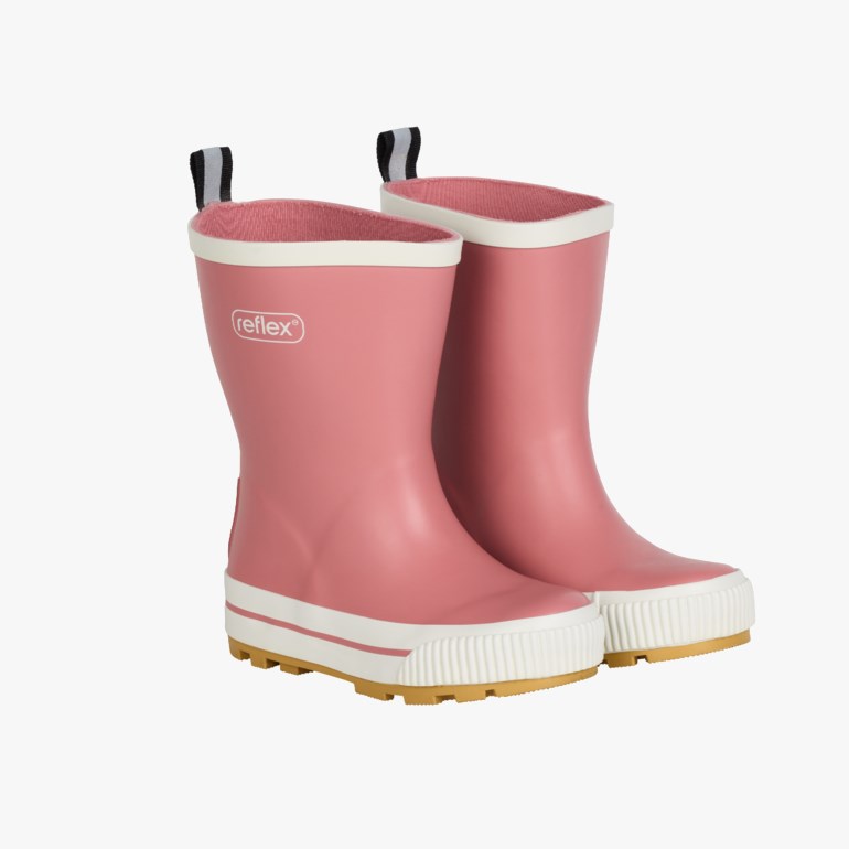 Rosa gummistøvler for barn med hvit kant, hvit riflet såle og brun yttersåle.