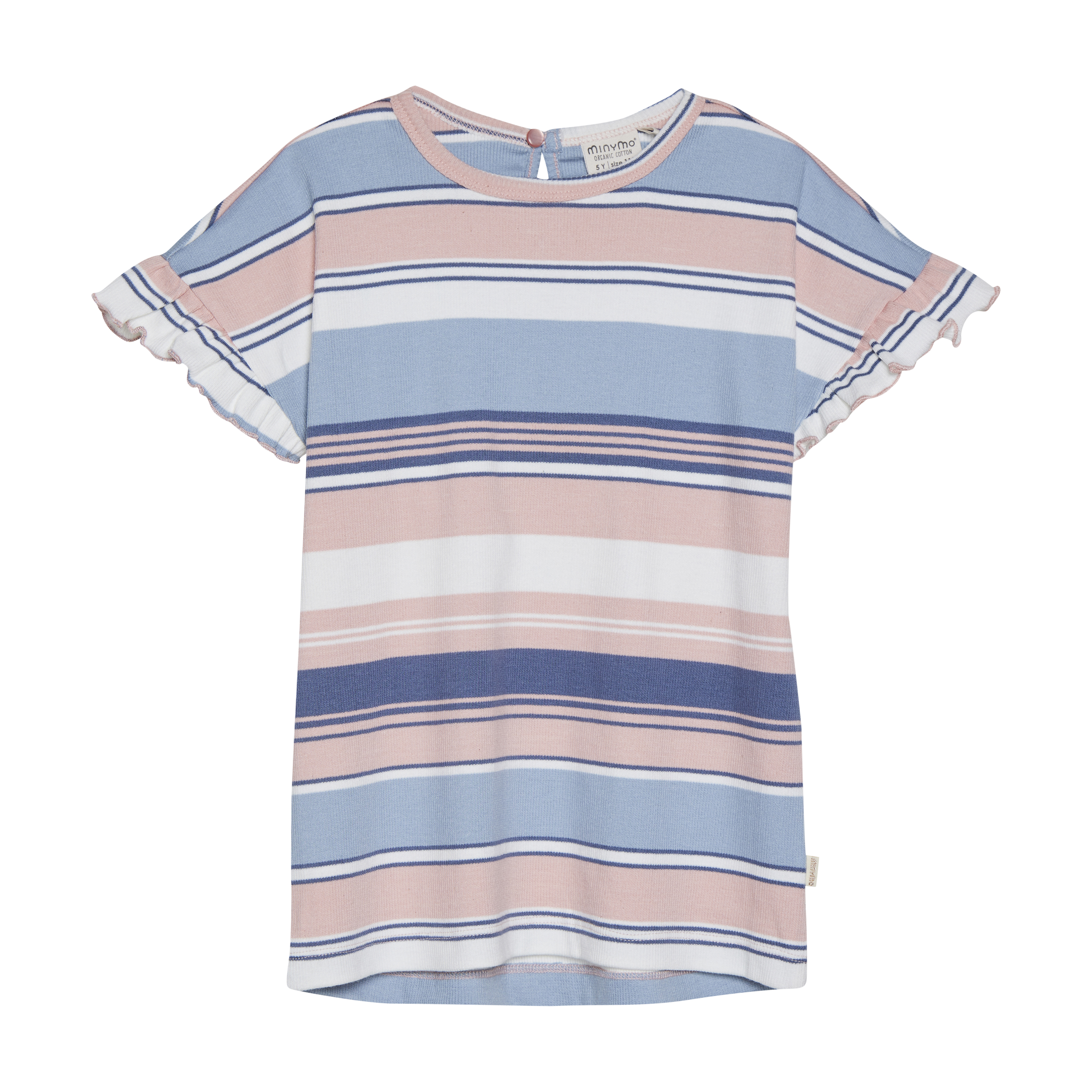 Barns stripete t-skjorte med lyseblå, rosa, hvit og marineblå horisontale striper og kortermede volangermer.