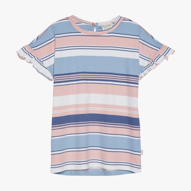 Barns stripete t-skjorte med lyseblå, rosa, hvit og marineblå horisontale striper og kortermede volangermer.