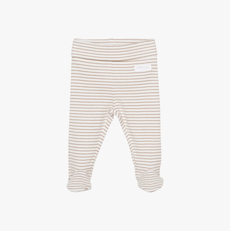 Babys beige- og hvitstripete fotbukse med elastisk midje, forfra.
