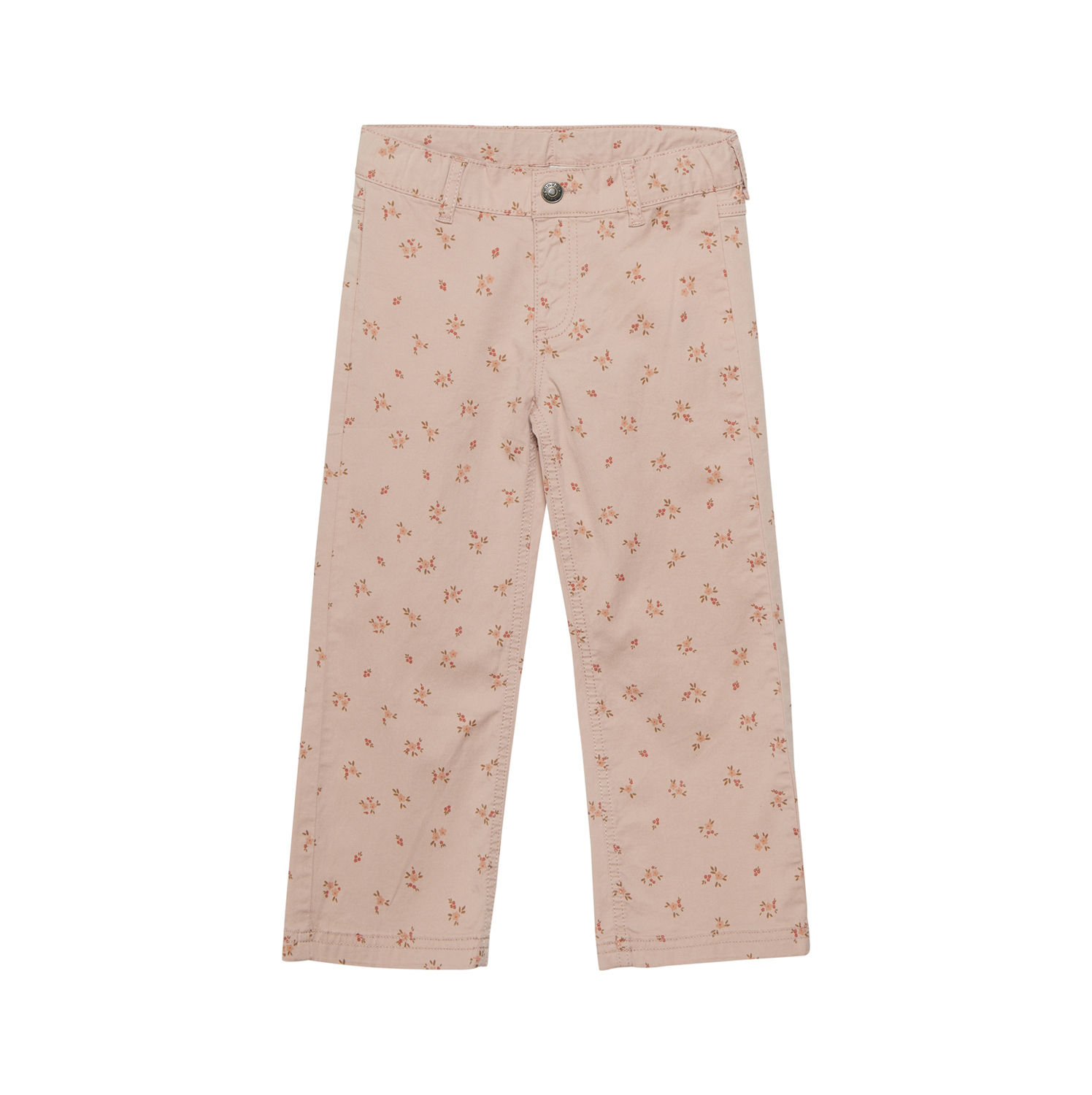 Lys rosa barnebukser med småblomstret mønster, flat front, knappelukking og beltehemper, forfra.