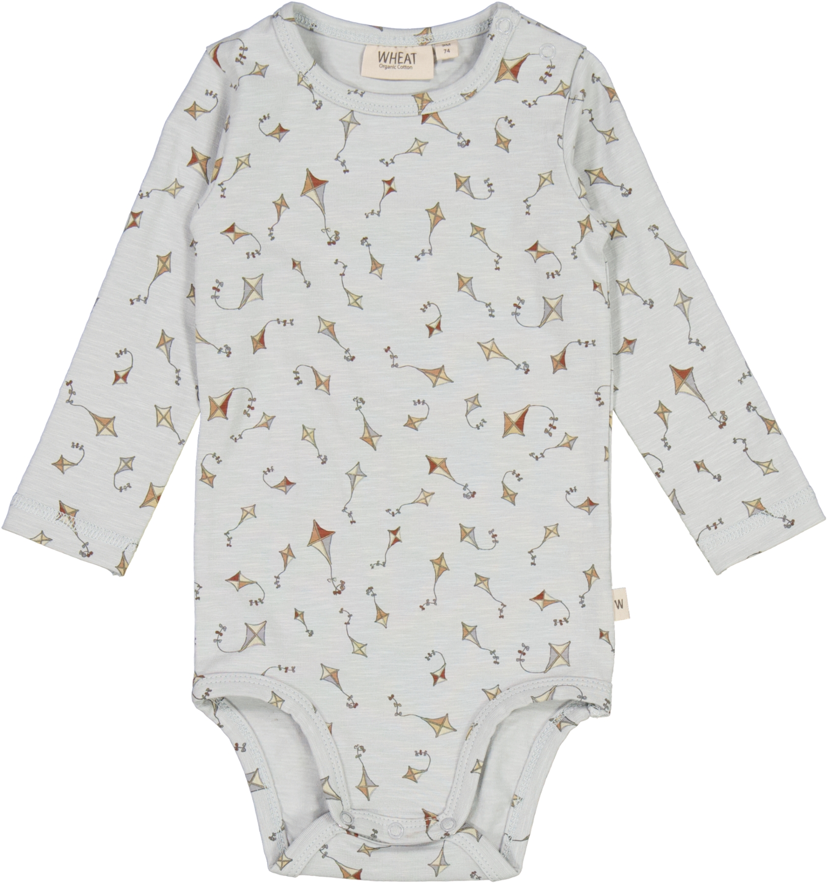 Lyseblå langermet babybody med drageprint, trykknapper ved skulder og skritt, forfra.