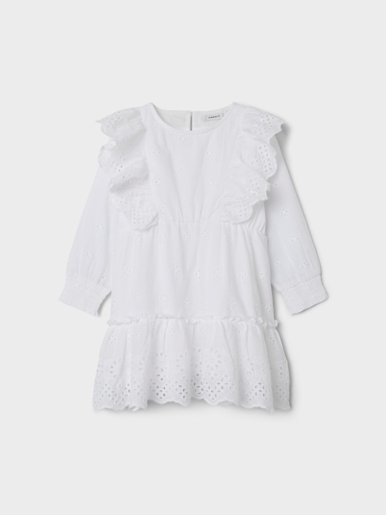 Frille langermet kjole, brightwhite Hvit - 11033108-BrightWhit-104cm - 1