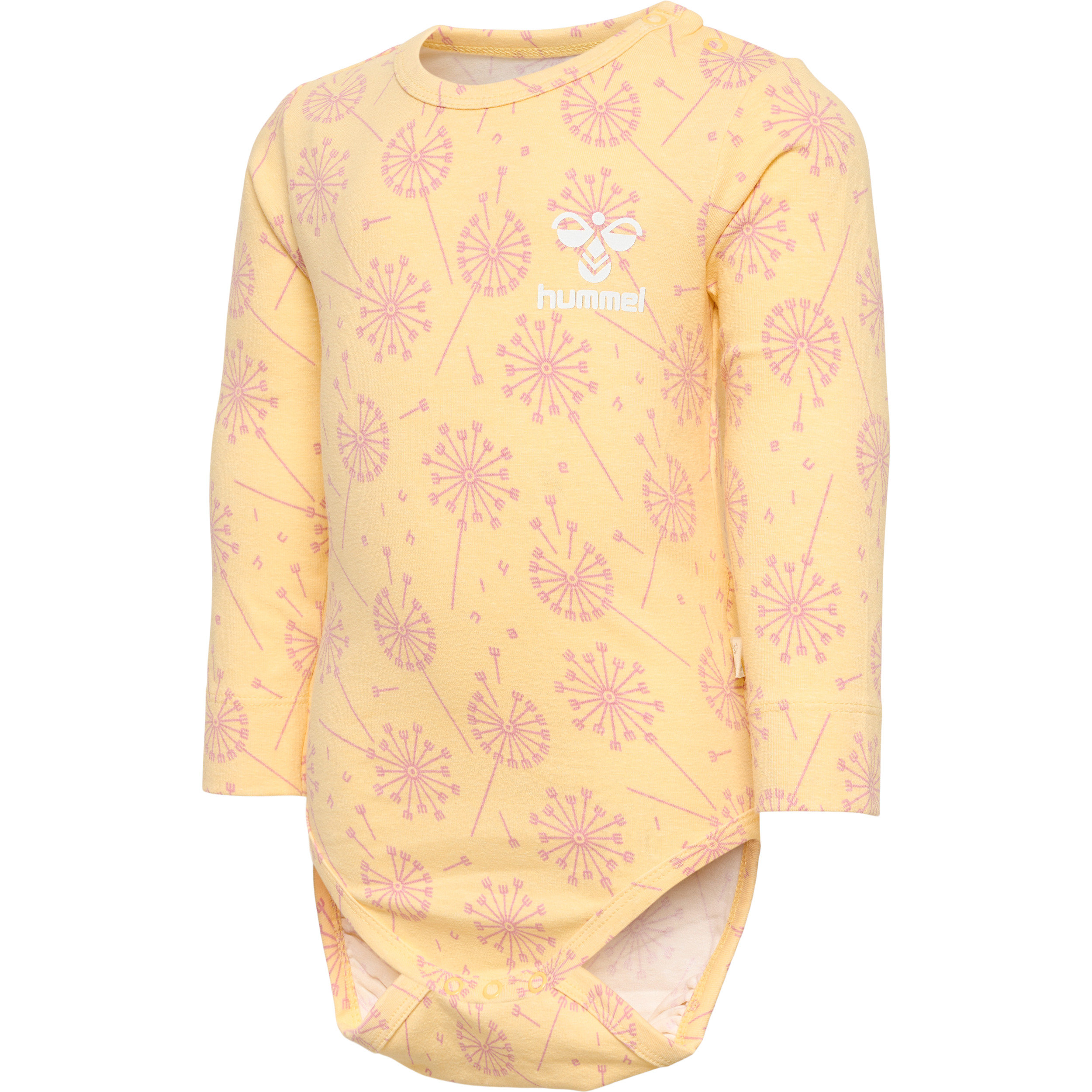 Lys gul baby body med lange ermer, rosa løvetannmønster og hvit logo på brystet.