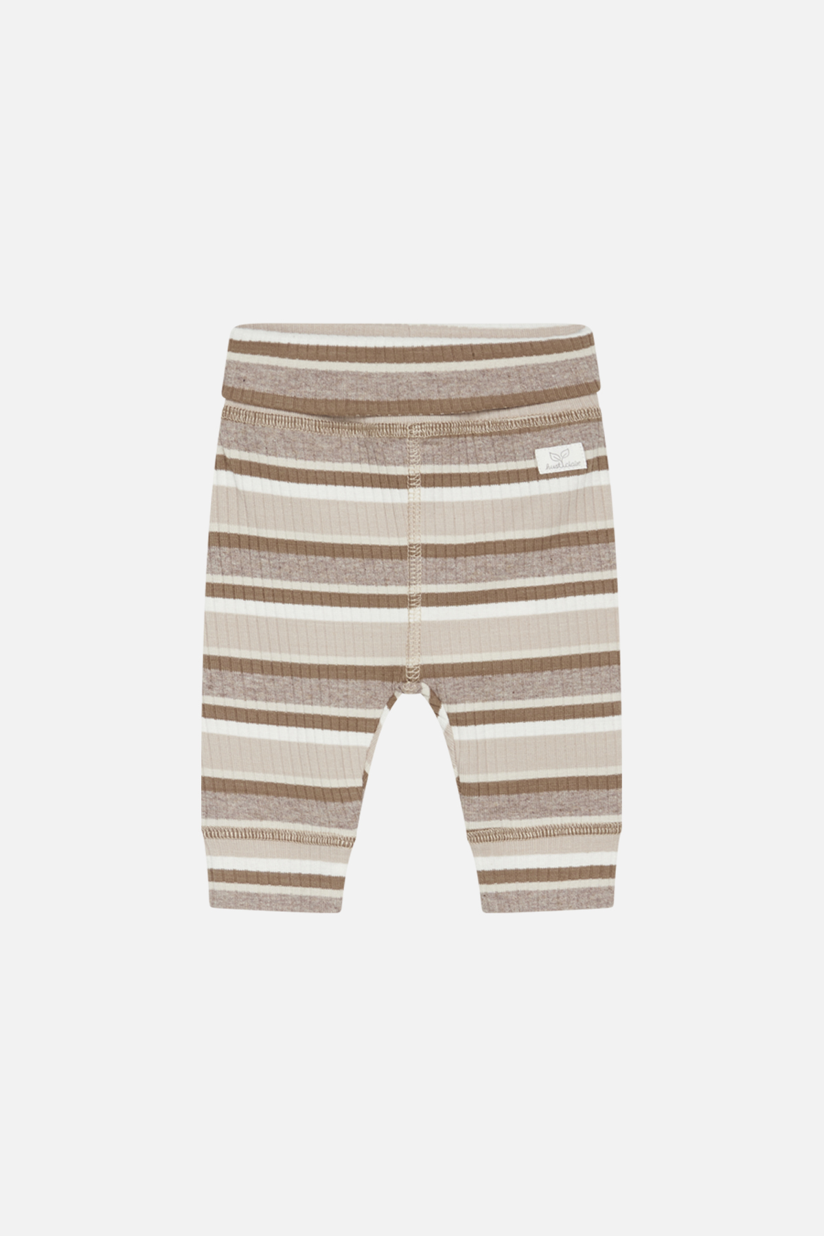 Baby stripete ribbebukser i brunt, beige og hvitt, forfra.