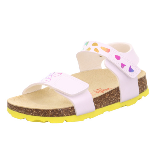 Hvit barnesandal med fargerik prikkete stropp, rosa kanintegning, korksåle og gul yttersåle, sett fra siden.