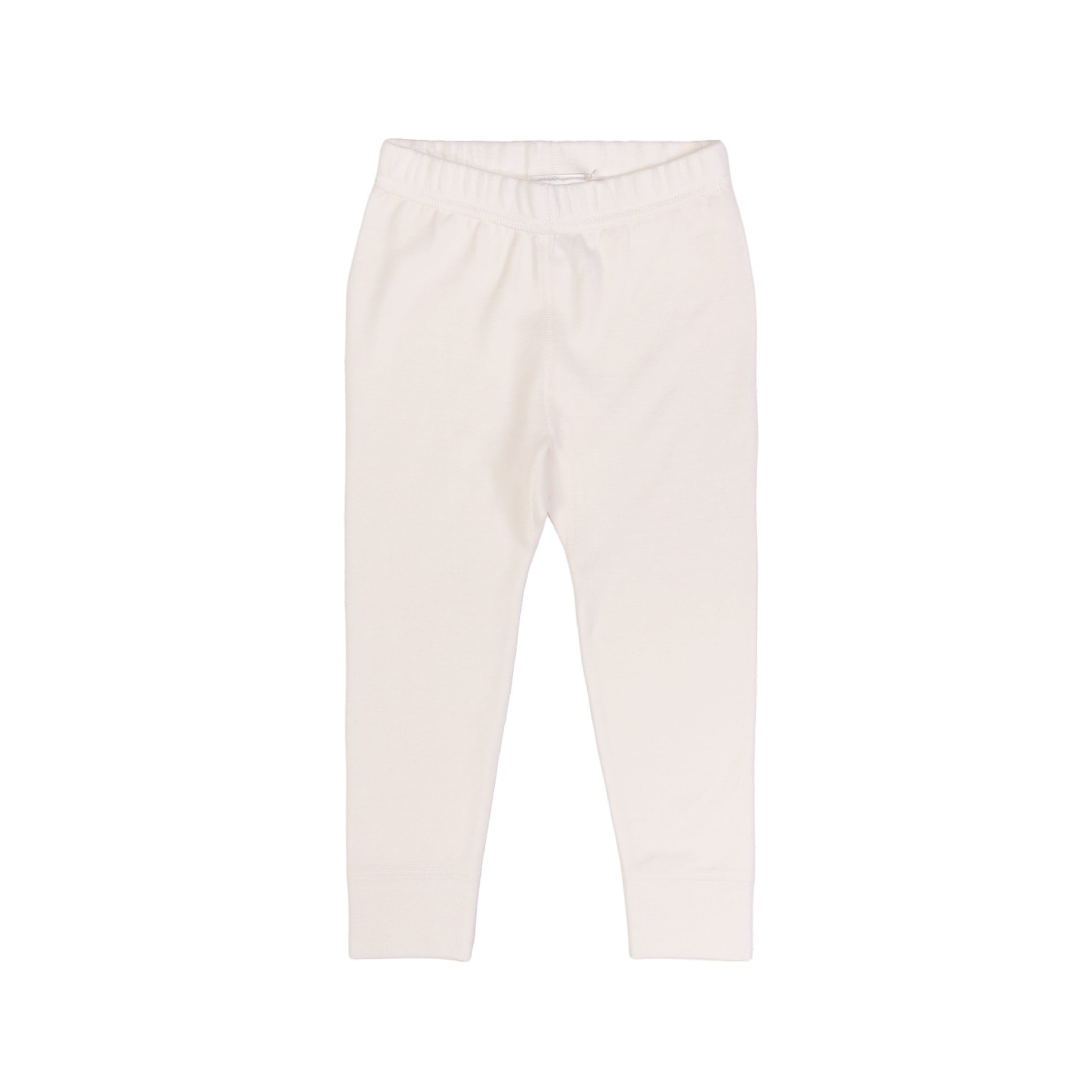 Forfra hvite barne-leggings med elastisk linning og ribbestrikkede mansjetter.