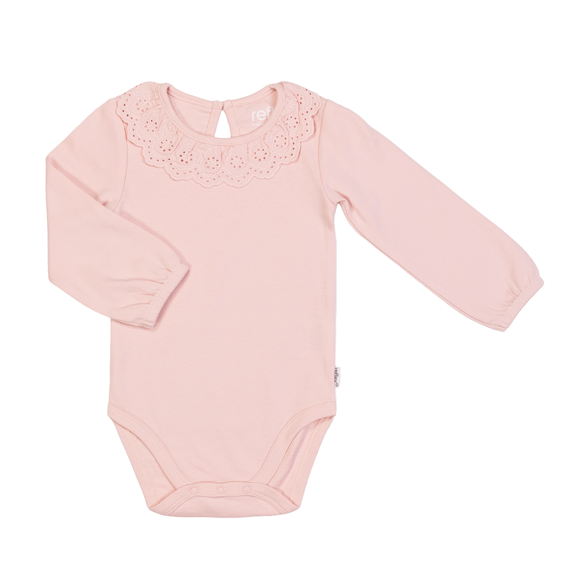 Rosa babybody med lange ermer, blondekrage og trykknapper i skrittet.