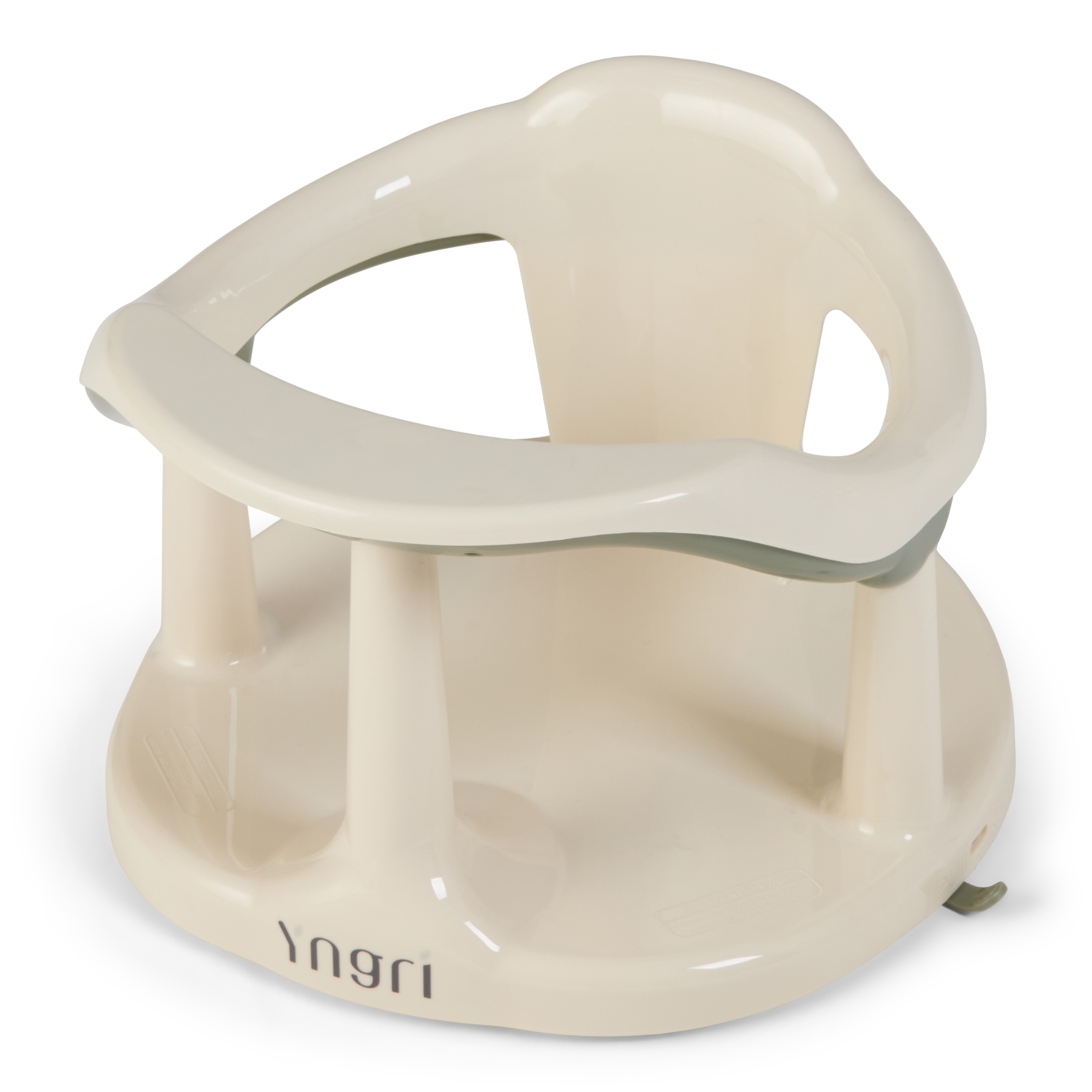 Kremfarget babybadestol med fremre støttestang og grå kant, sett fra en litt hevet side-front vinkel.
