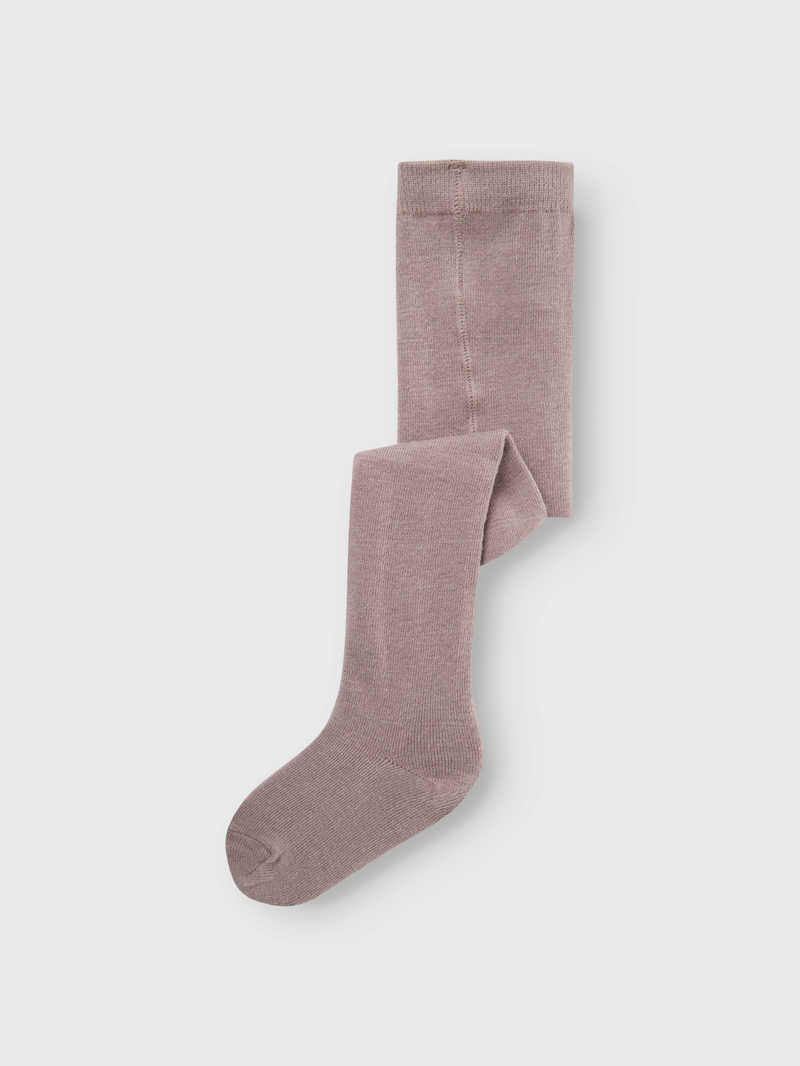 Støvrosa ribbestrikkede barnestrømpebukser, brettet.