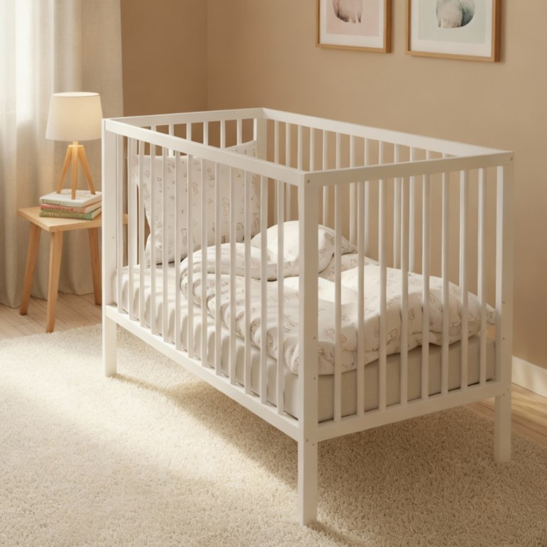 Hvit sprinkelseng i tre med mønstret hvit pute, dyne og laken.