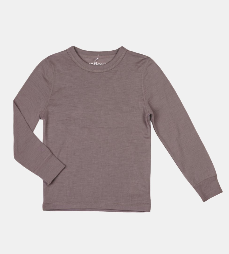 Taupefarget langermet rundhalset t-skjorte for barn med ribbestrikkede mansjetter, forfra.