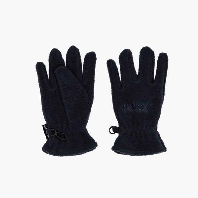 Et par mørkeblå fleecehansker med 'reflex'-logo og sammenkoblingsklemmer ved håndleddet.